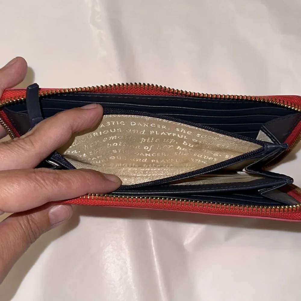 kate spade White Coral Pink Stripe Zip Around Leather Wallet